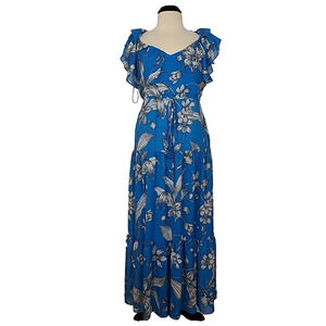 TAYLOR Womens S SMALL Blue White Floral Maxi Dress Empire Stretch Waist NWT